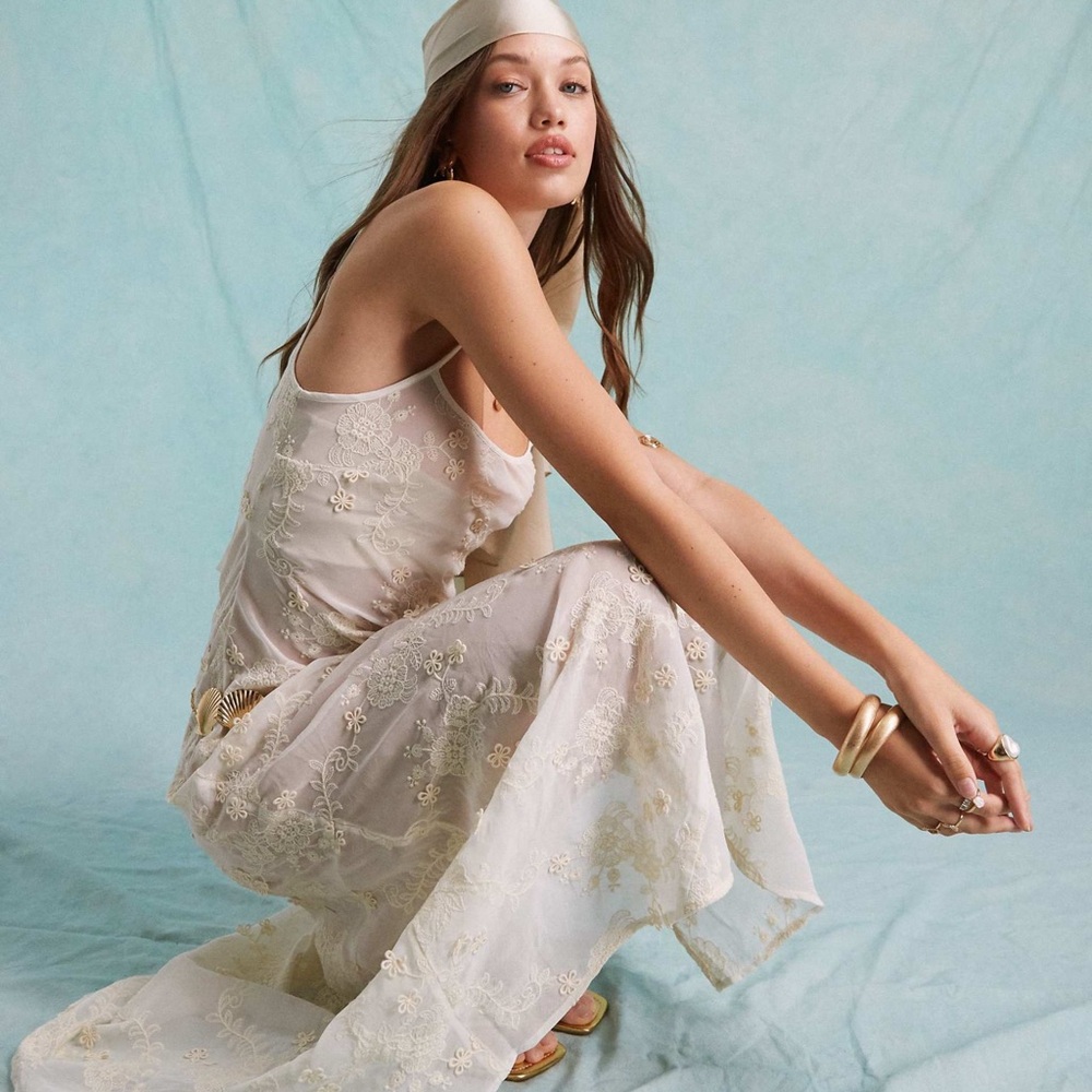 Festival embroidered 3D floral sheer maxi dress